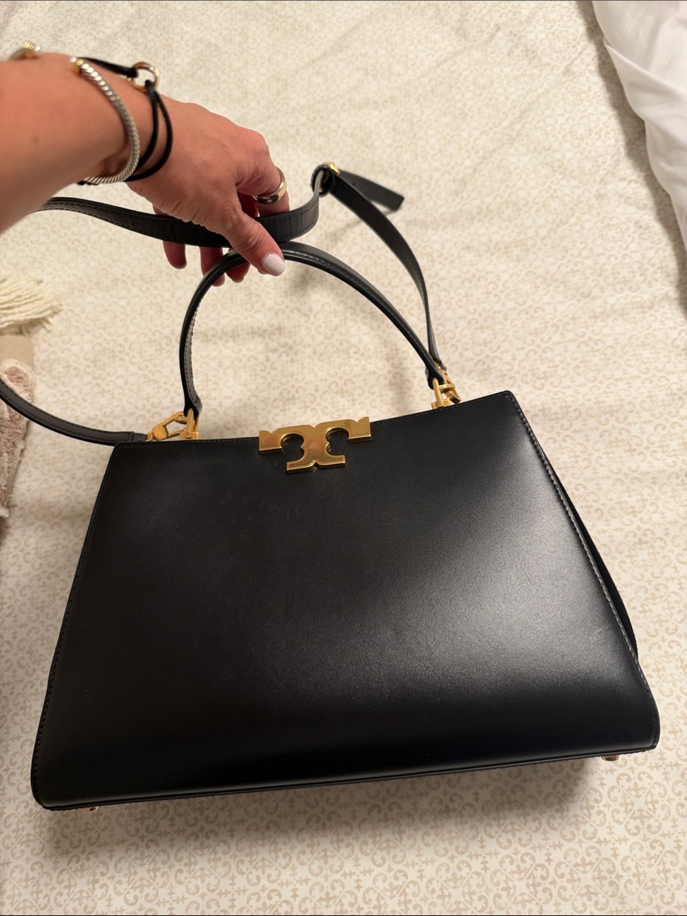 Tory Burch Black Leather Top-Handle Satchel with Gold Hardware